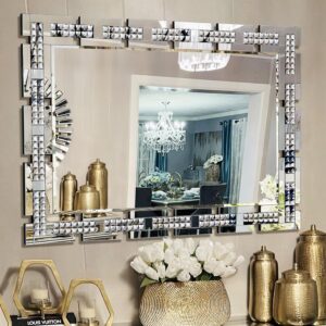 Chende Crystal Mirror for Wall Decor Living Room, 36" X 24" Decorative Mirror with Crystal and Glass Pieces for Dining Room, Rectangle Mirror Hang Horizontally or Vertically