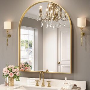 Brightify Arched Mirror, Arched Wall Mirror, 32 x 40 Inch Gold Arch Mirror, Metal Frame Gold Bathroom Mirror, Arched Top Bathroom Vanity Mirror for Living Room Bedroom Mantel Entryway Hallways