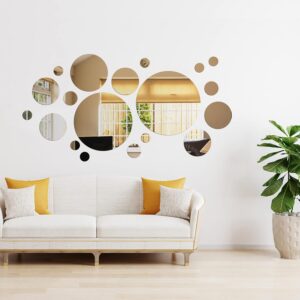 Shappy 32 Pieces Mirror Wall Stickers Removable Acrylic Setting Adhesive Round Circle Mirror Tiles Decals for Home Living Room Bedroom Decor(Silver,Large Size)